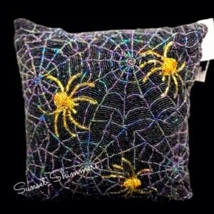 14" Halloween Sparkly Beaded Iridescent Gold Spider Web Throw Pillow Decor New
